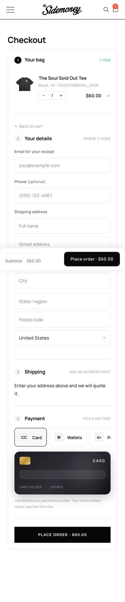 sidemoney.co, Checkout, Mobile