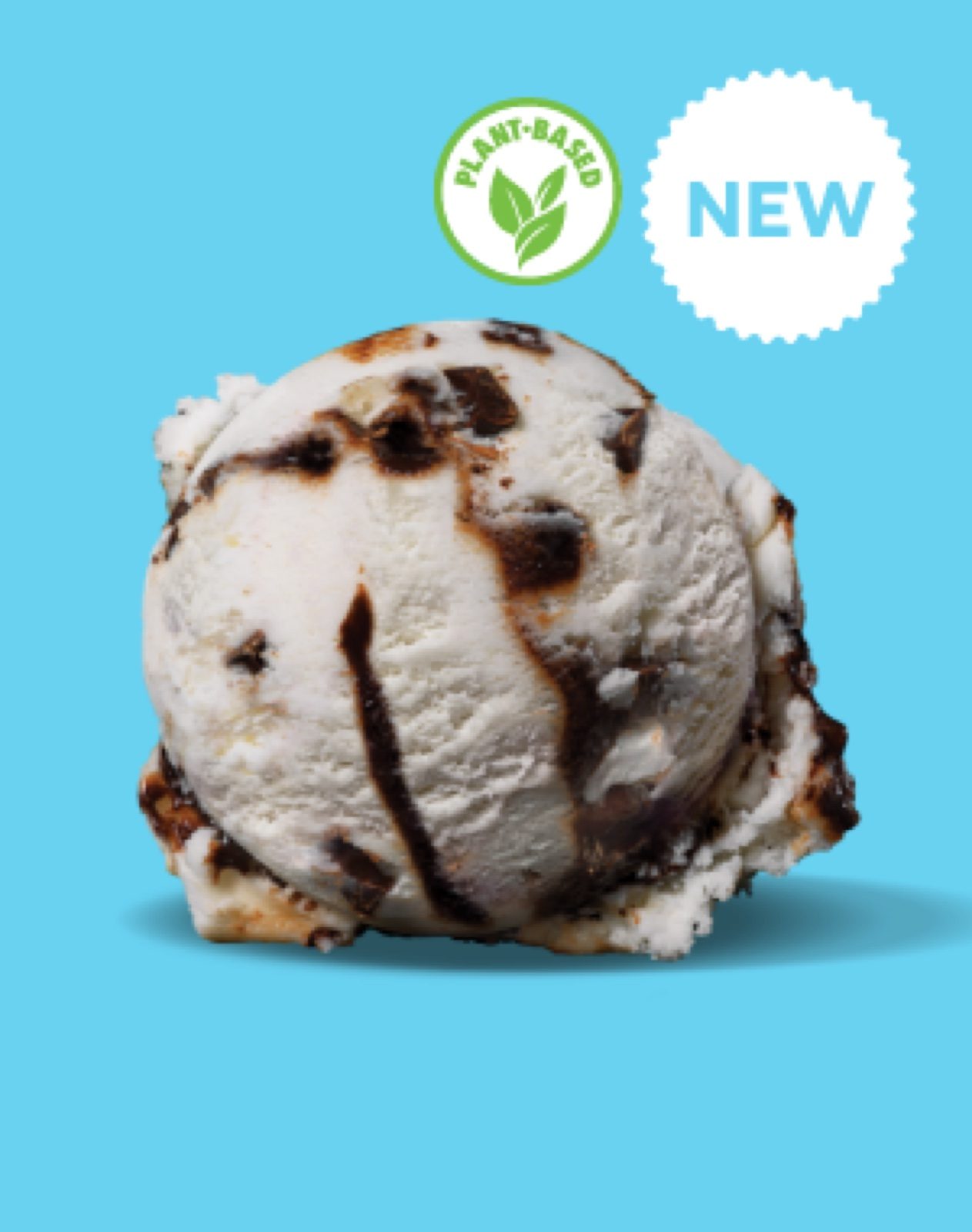 A scoop of white ice cream with chocolate chunks on a blue background, with a Plant-Based badge and a New badge