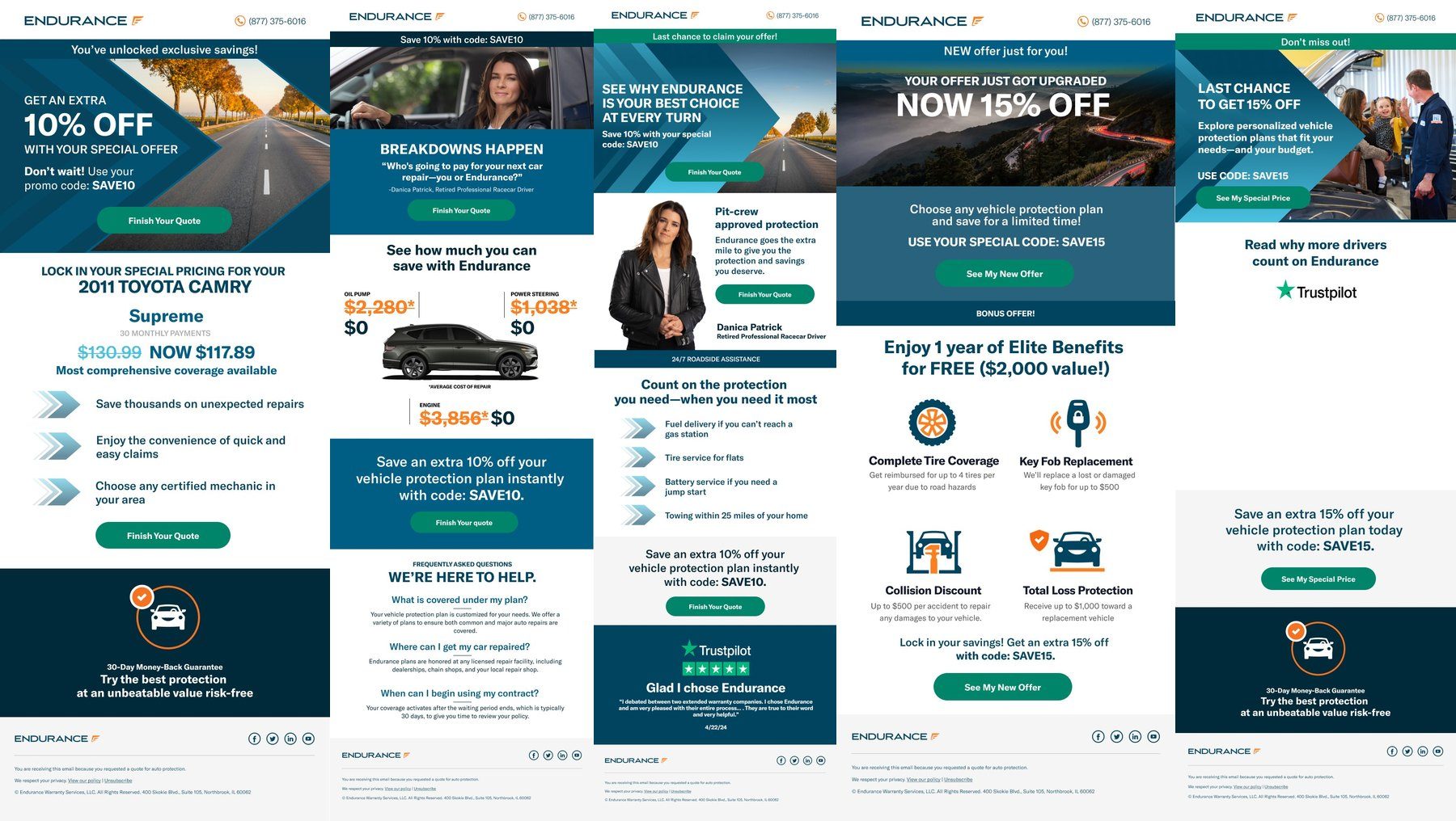 Five Endurance emails side by side