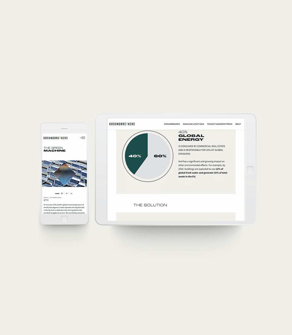 Groundbreakers on a phone and a tablet: the same layout system, with a 40 and 60 percent global energy chart