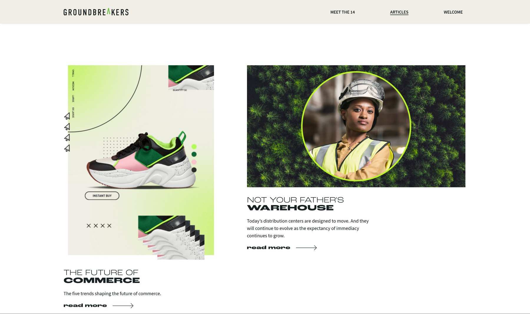 Groundbreakers home, The Future of Commerce: a sneaker feature beside a worker in a hard hat on a green ground