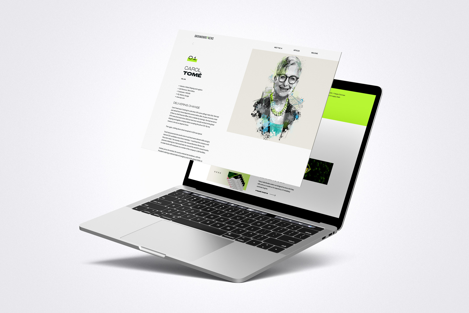 A laptop showing a Groundbreakers profile feature page with a green accent block