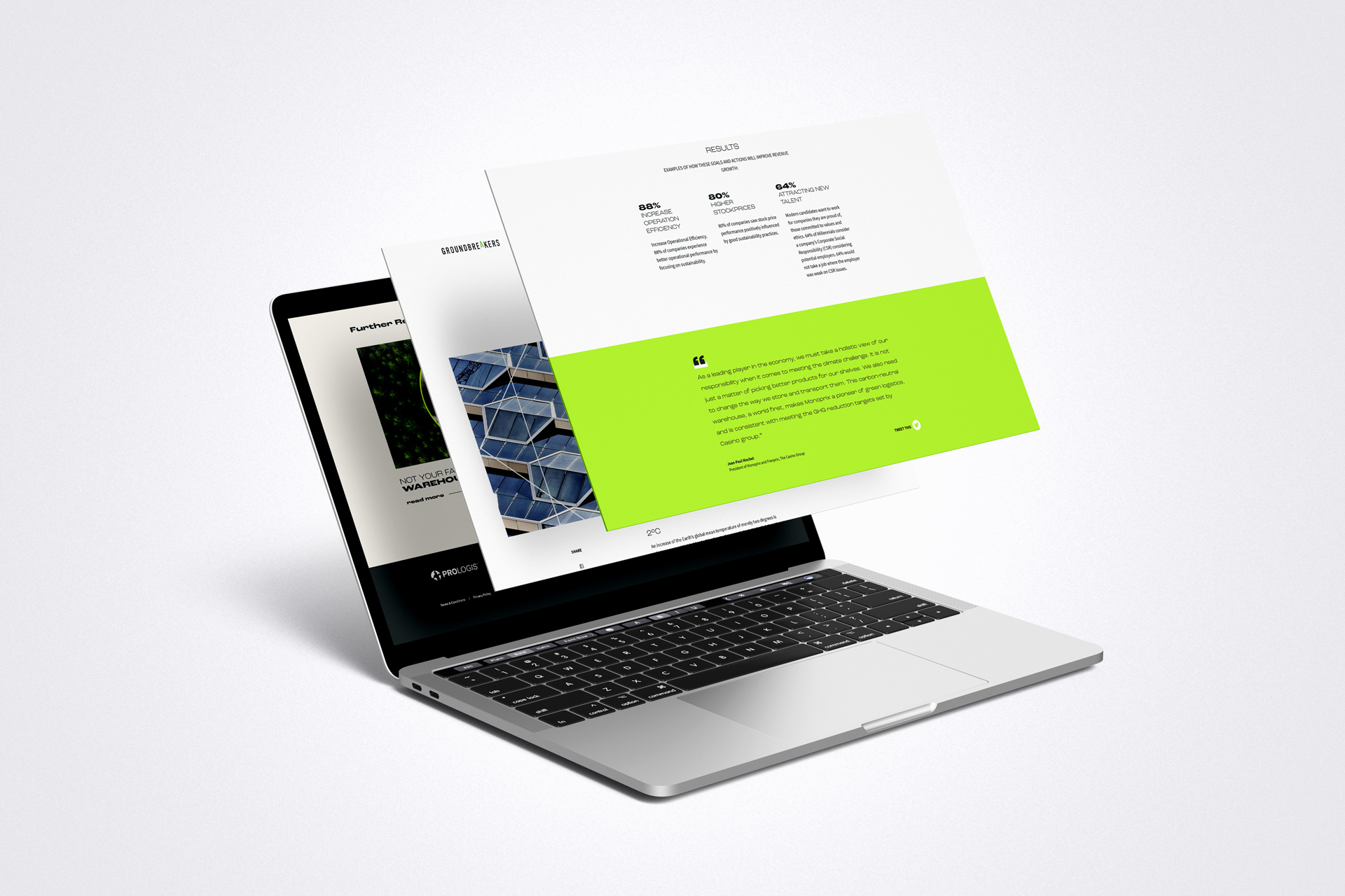 A laptop with Groundbreakers pages fanned out in front of it, a green accent block across one of them