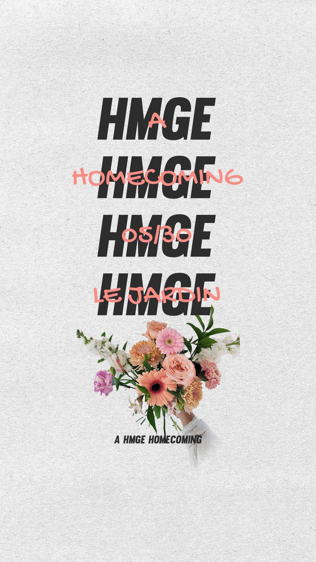 HMGE repeated four times over a bouquet of pink flowers