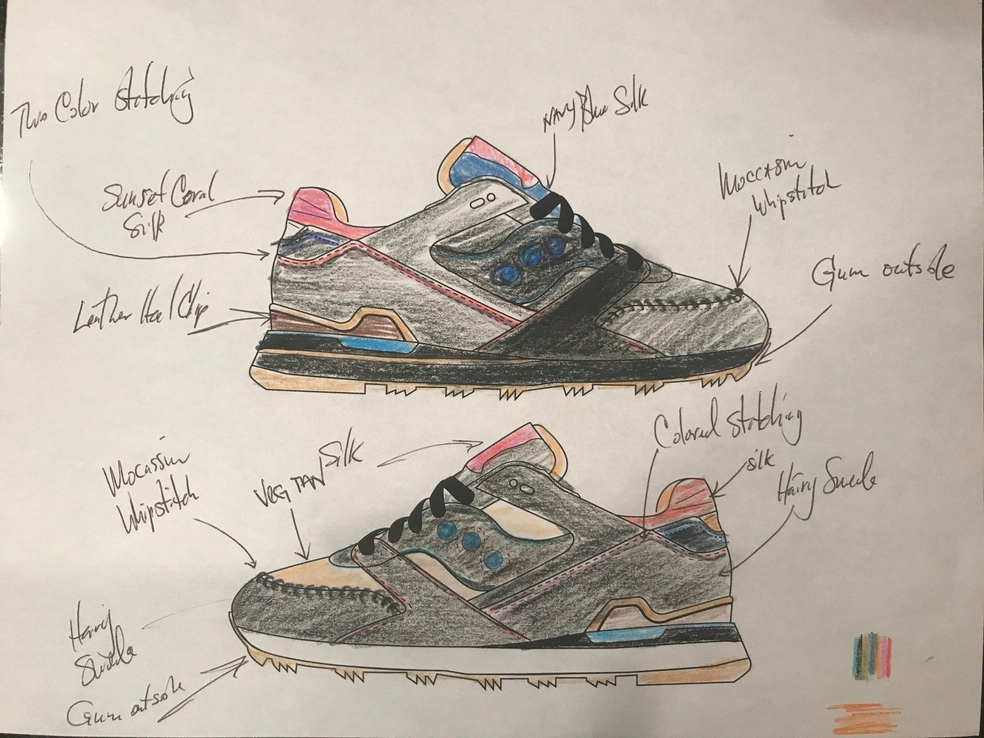 Coloured pencil sketch of two sneaker designs in side view, with handwritten notes on stitching, suede, silk and a gum outsole