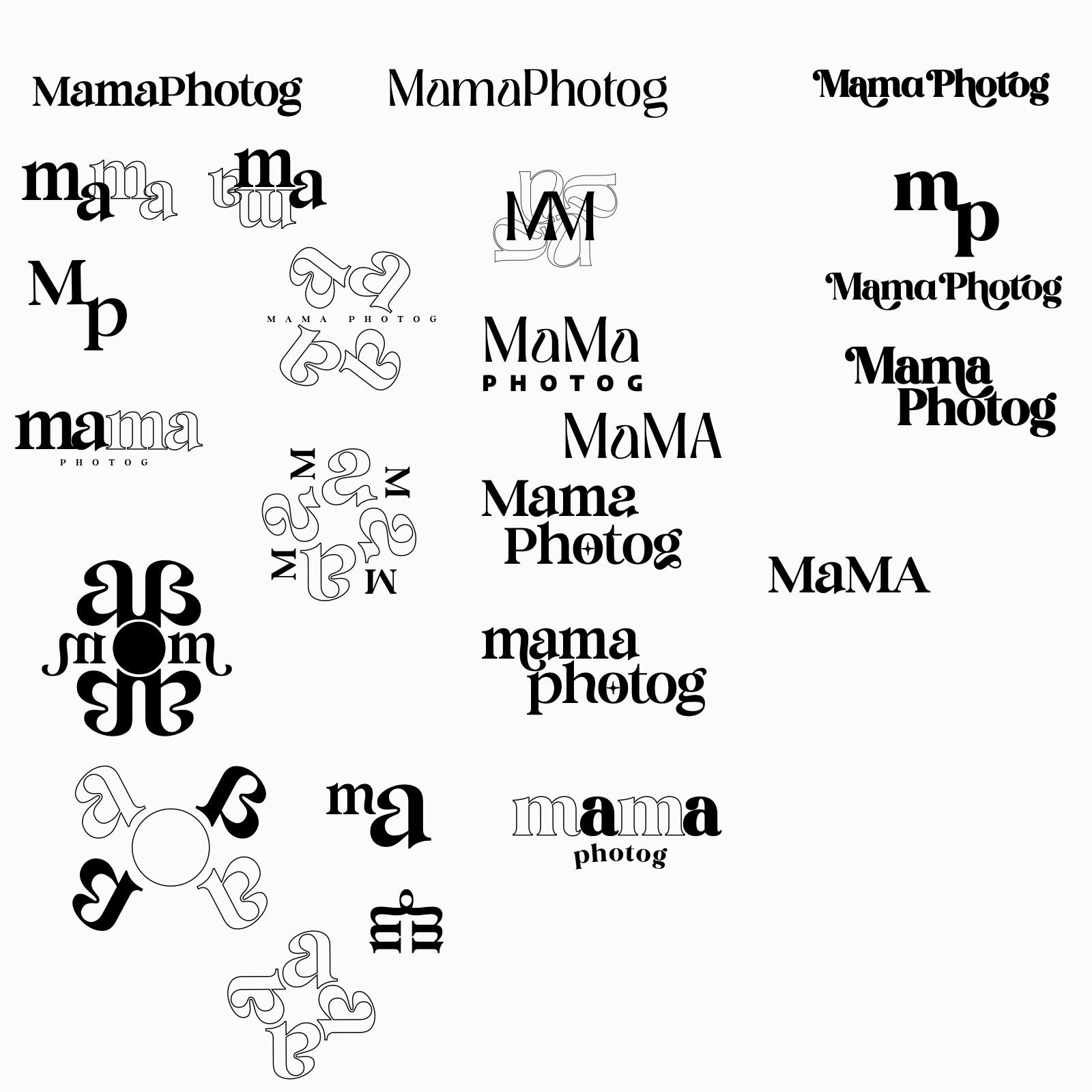 The concept sheet: wordmark settings, an mp monogram and the rotated ma studies