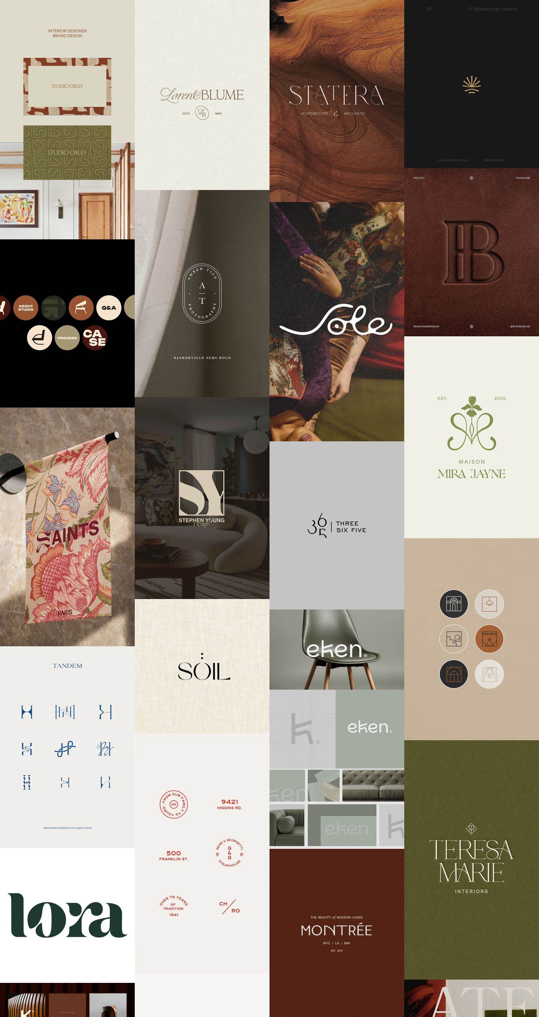 The shared moodboard: serif wordmarks, monograms and warm neutrals