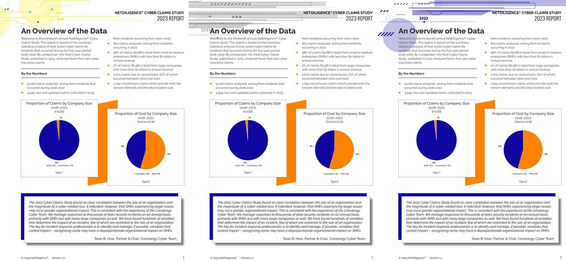 Three interior graphic treatments applied to the same overview spread