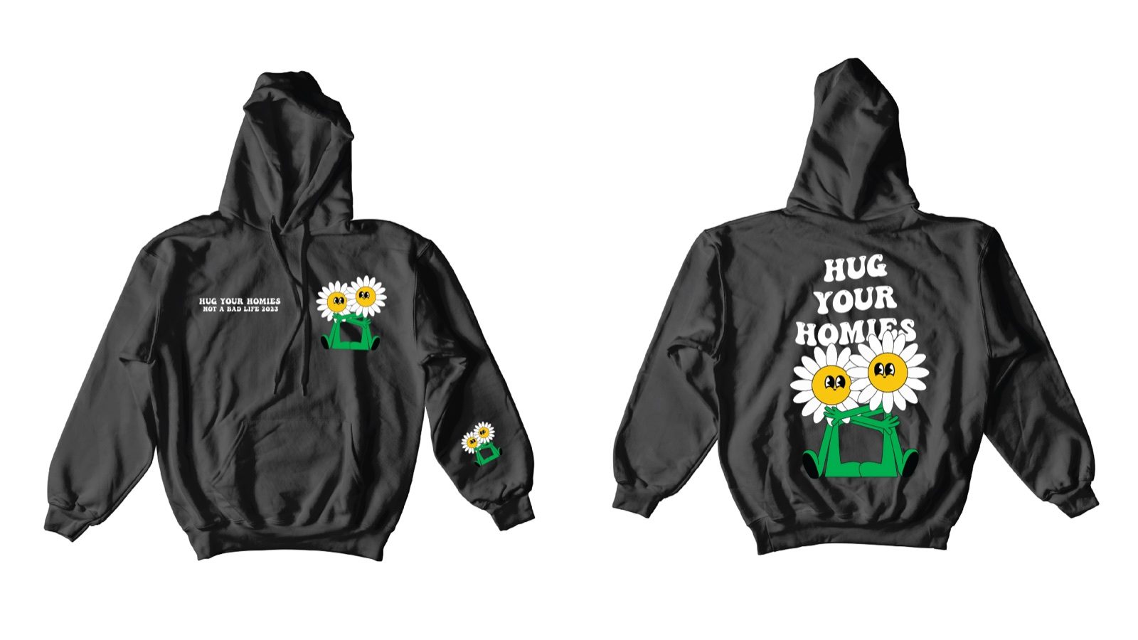 Black hoodie, two line chest lockup, sleeve hit, full back deck