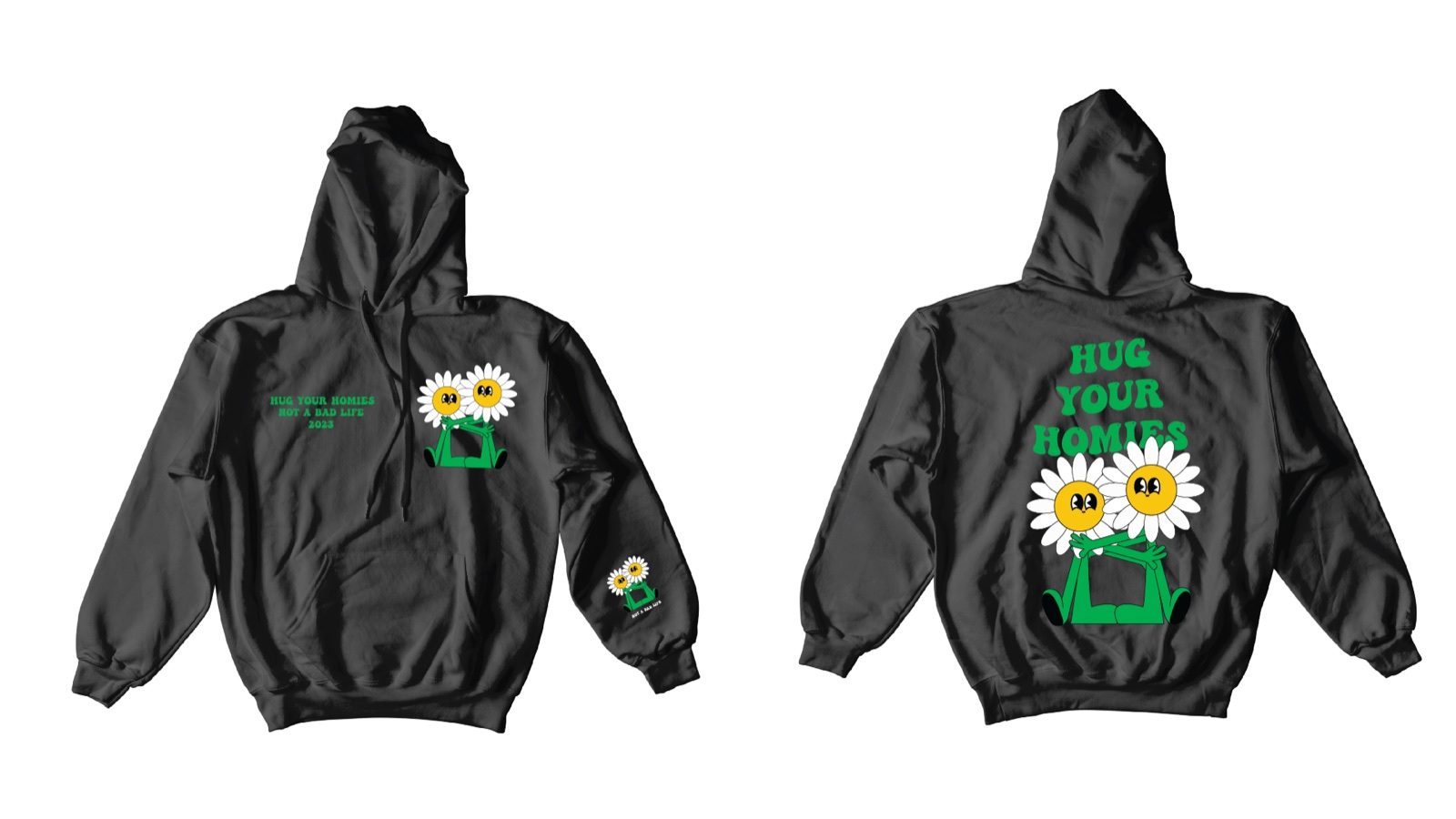 Green type colourway on black, front and back
