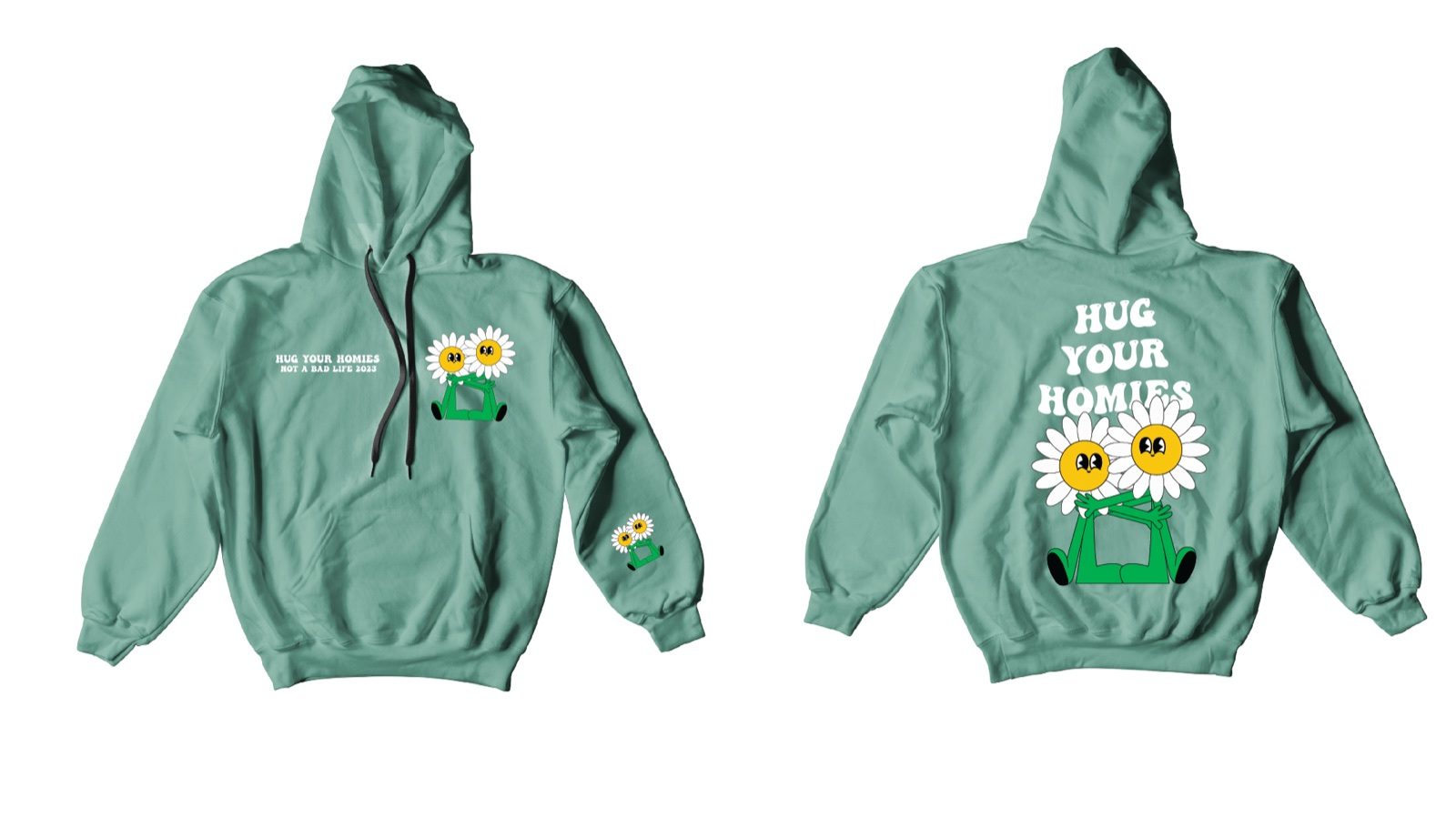 Mint green hoodie, white two line chest lockup, full back deck