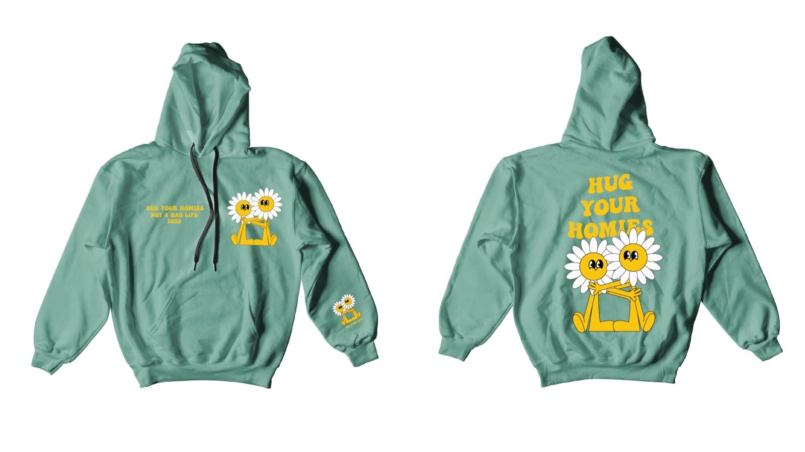 Yellow type colourway on mint green, front and back