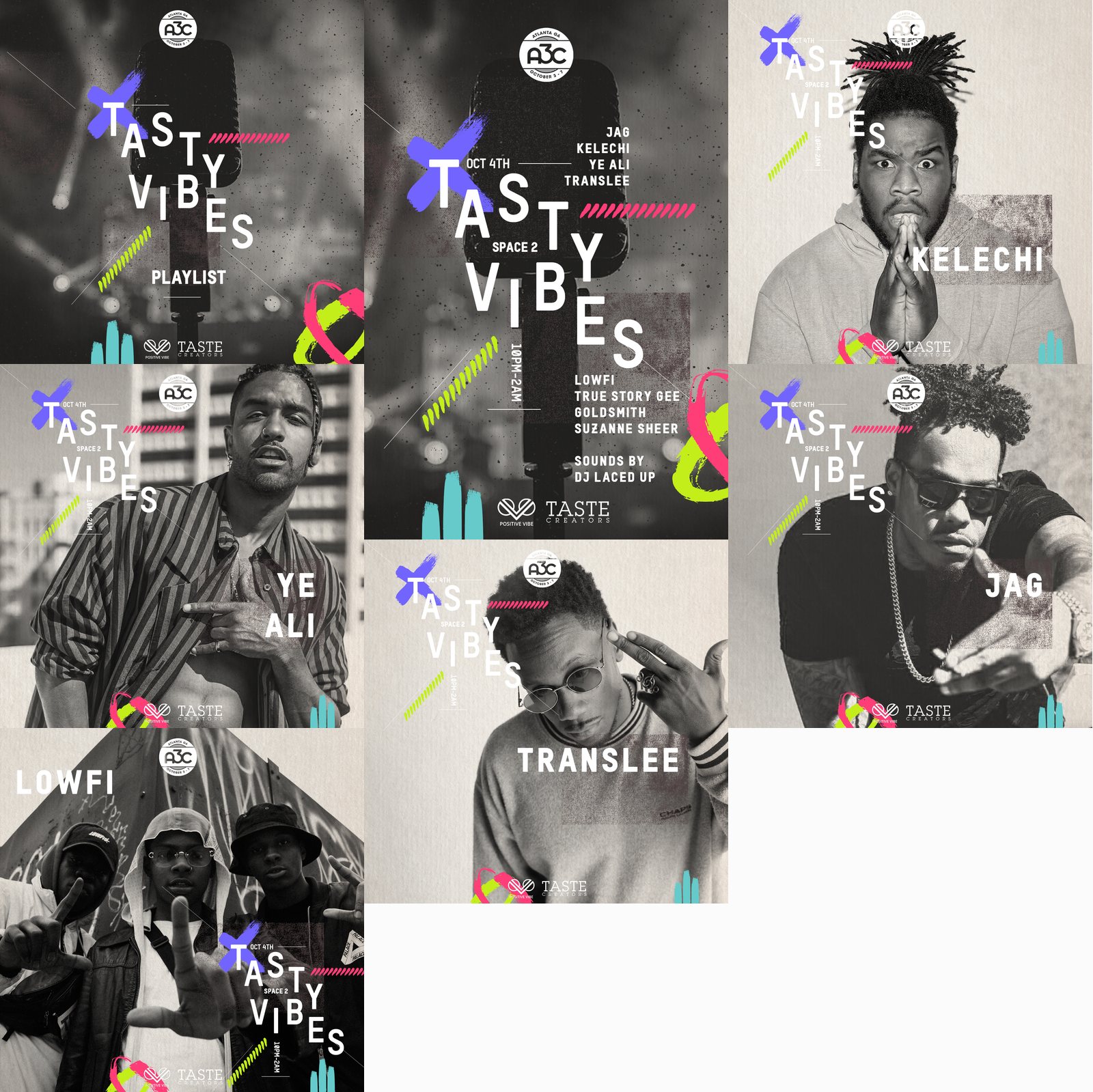 Tasty Vibes 2K18: playlist cover, main flyer and the per artist cards