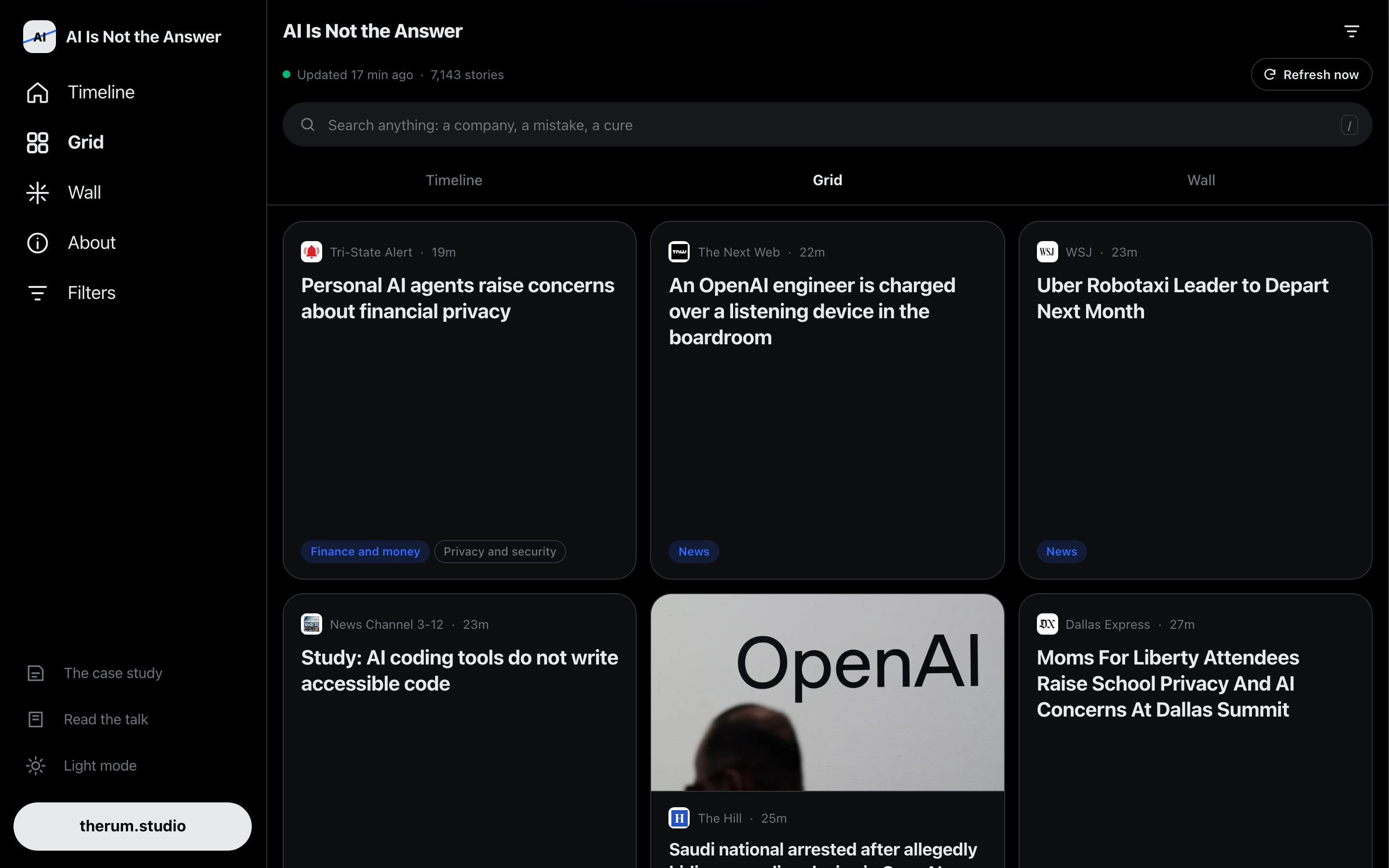 The AI Is Not the Answer feed in its grid view, 7,143 stories