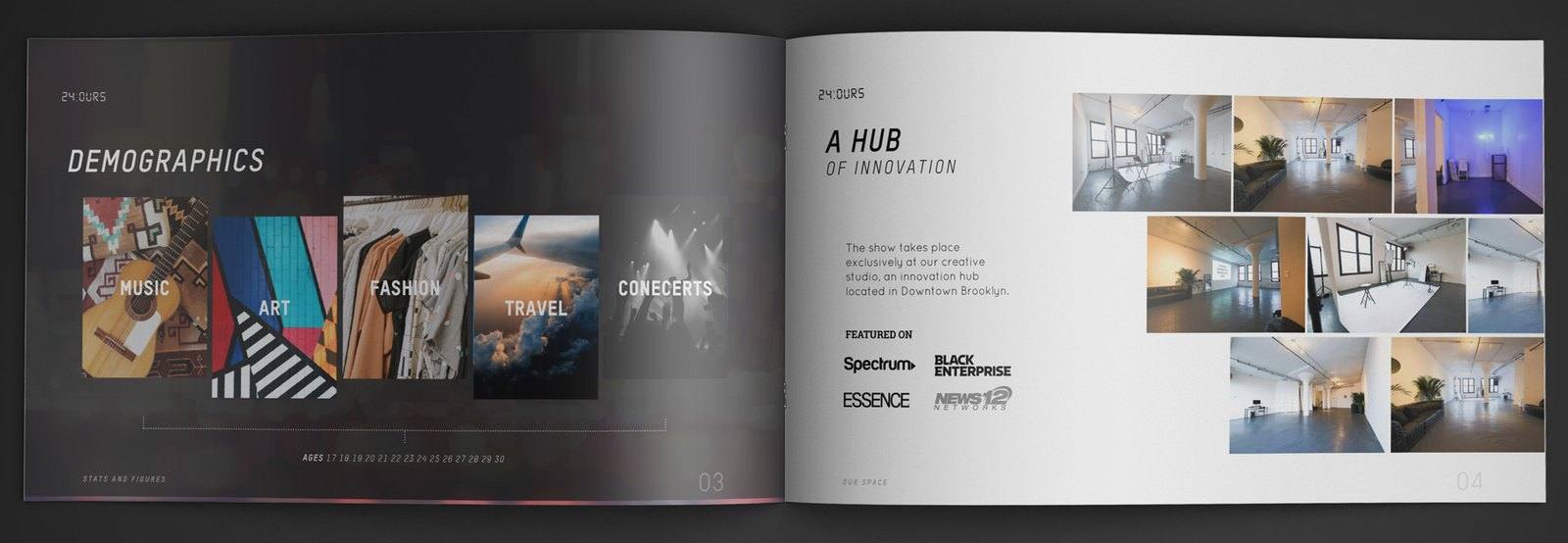 The deck printed as a booklet, open on Demographics and A Hub of Innovation