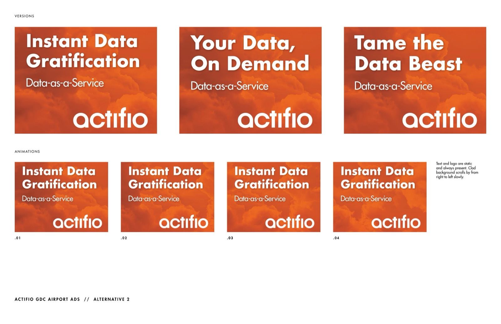 Actifio GDC airport ads, alternative 2: three orange cloud signs reading Instant Data Gratification, Your Data, On Demand and Tame the Data Beast, and four animation frames