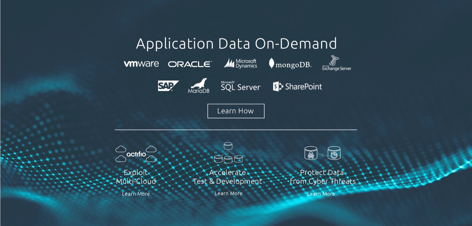 Homepage header exploration, round 2: Application Data On-Demand over a cyan particle wave