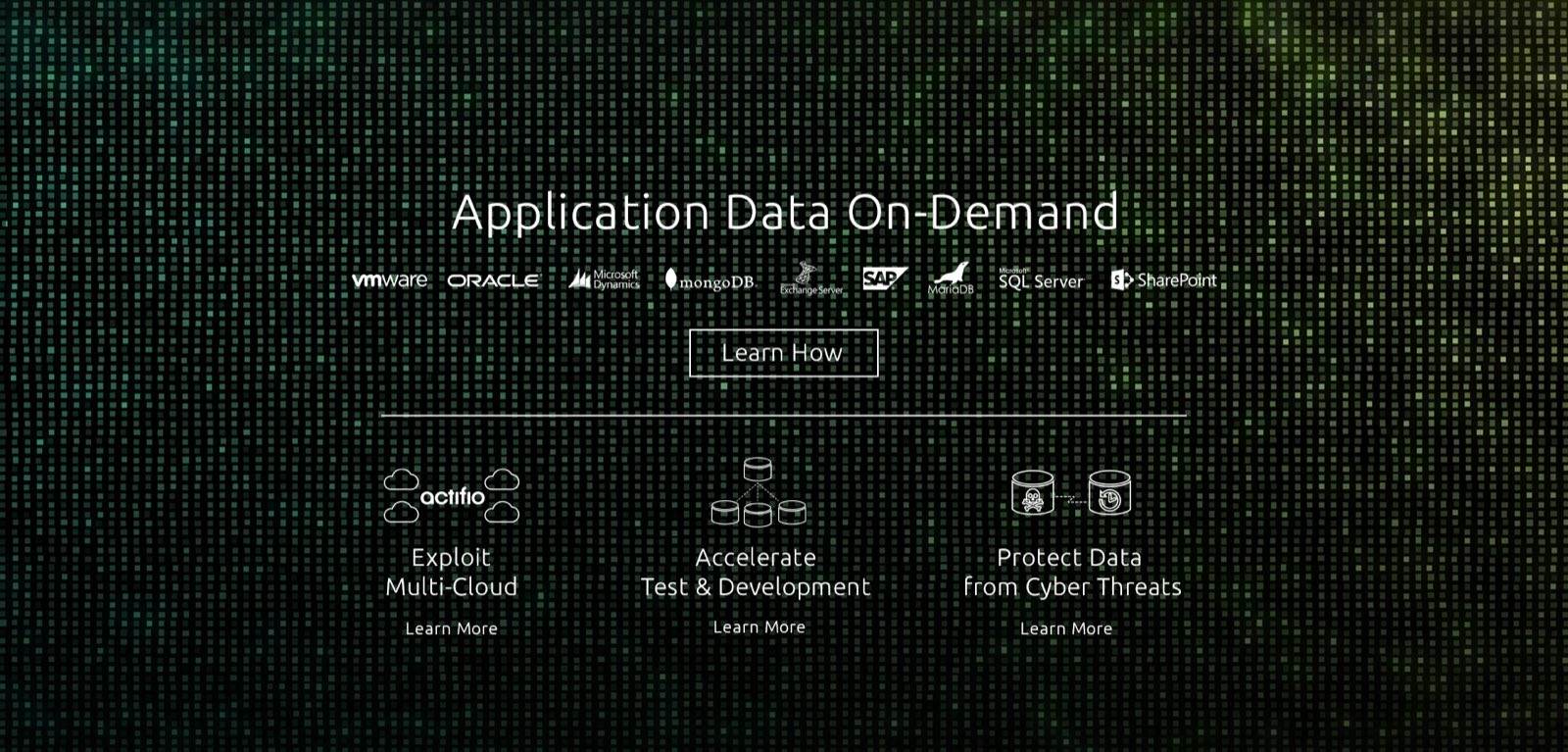 Homepage header exploration, round 2: Application Data On-Demand over green particles
