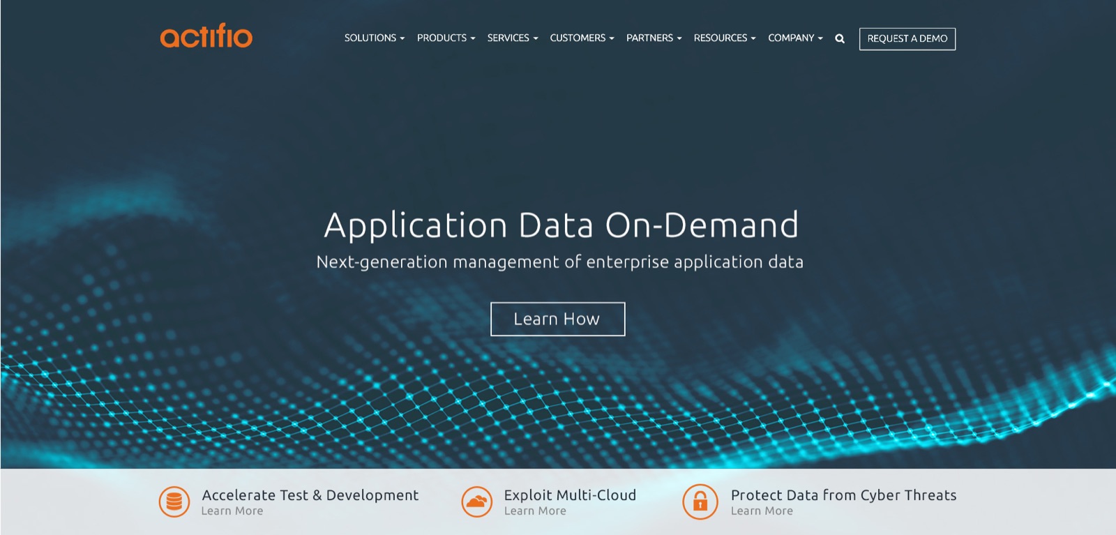 Homepage header exploration, round 3: cyan particle wave with the navigation bar