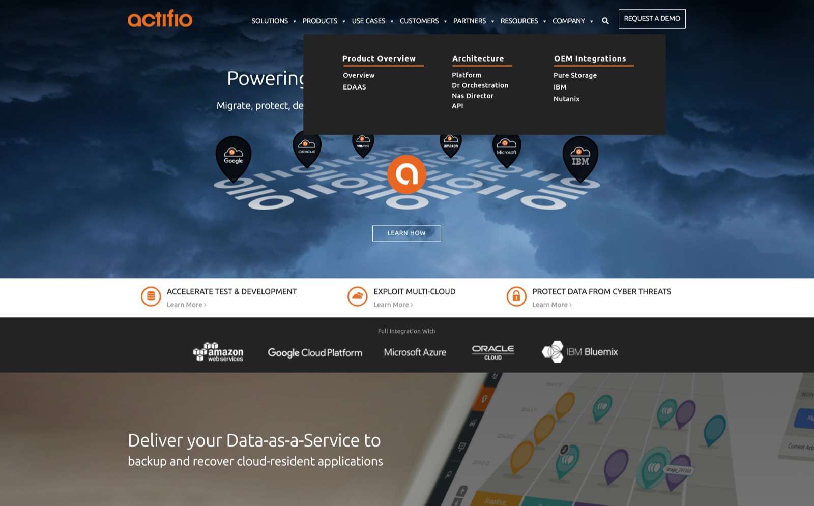 Homepage navigation, Products menu open