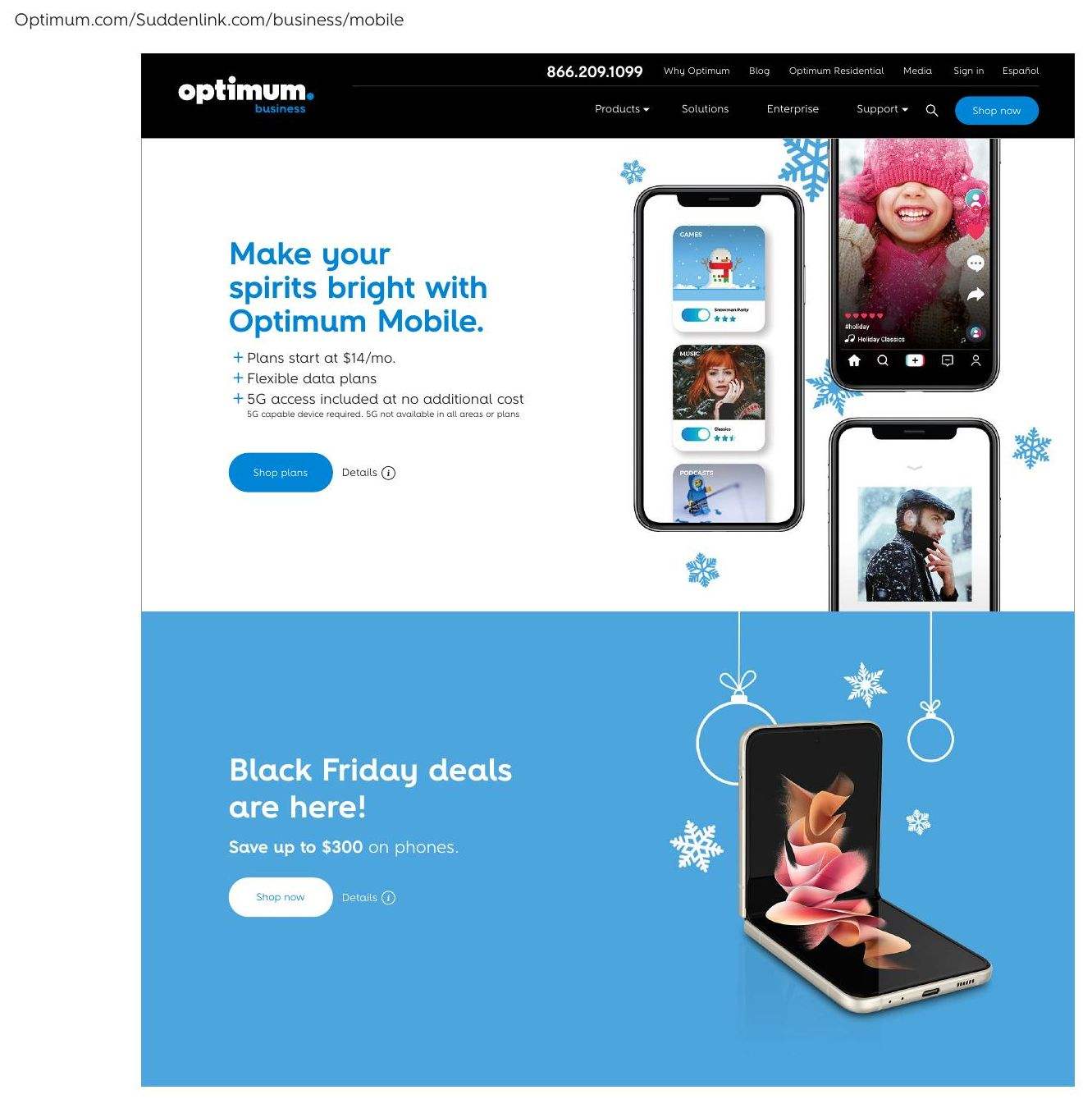 Optimum Mobile business page with the holiday line art