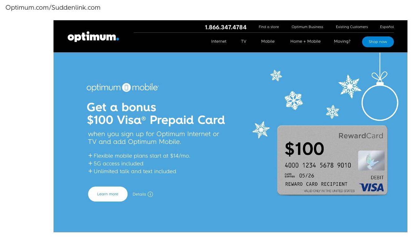 Optimum Mobile $100 Visa prepaid card module with the holiday line art