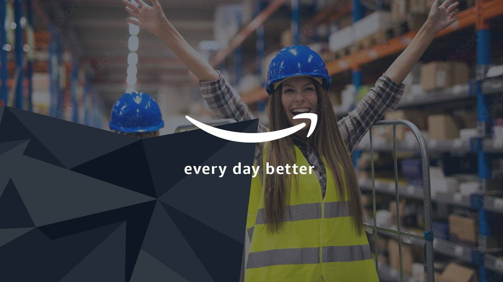 Every day better end card, dark shapes over warehouse footage