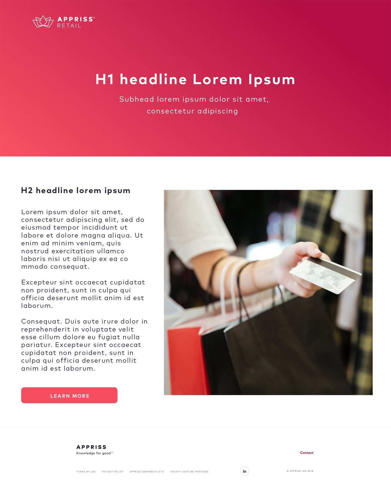 Appriss Retail landing page, copy beside a photo with a Learn more button