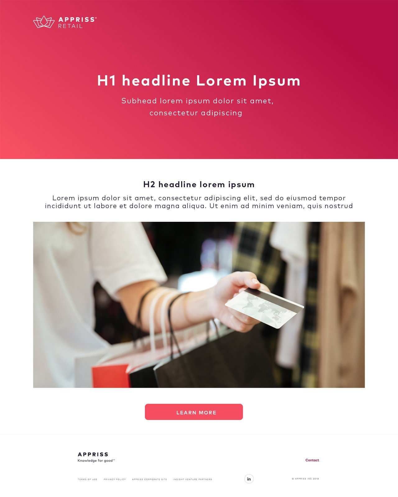 Appriss Retail landing page, centred copy over a wide photo