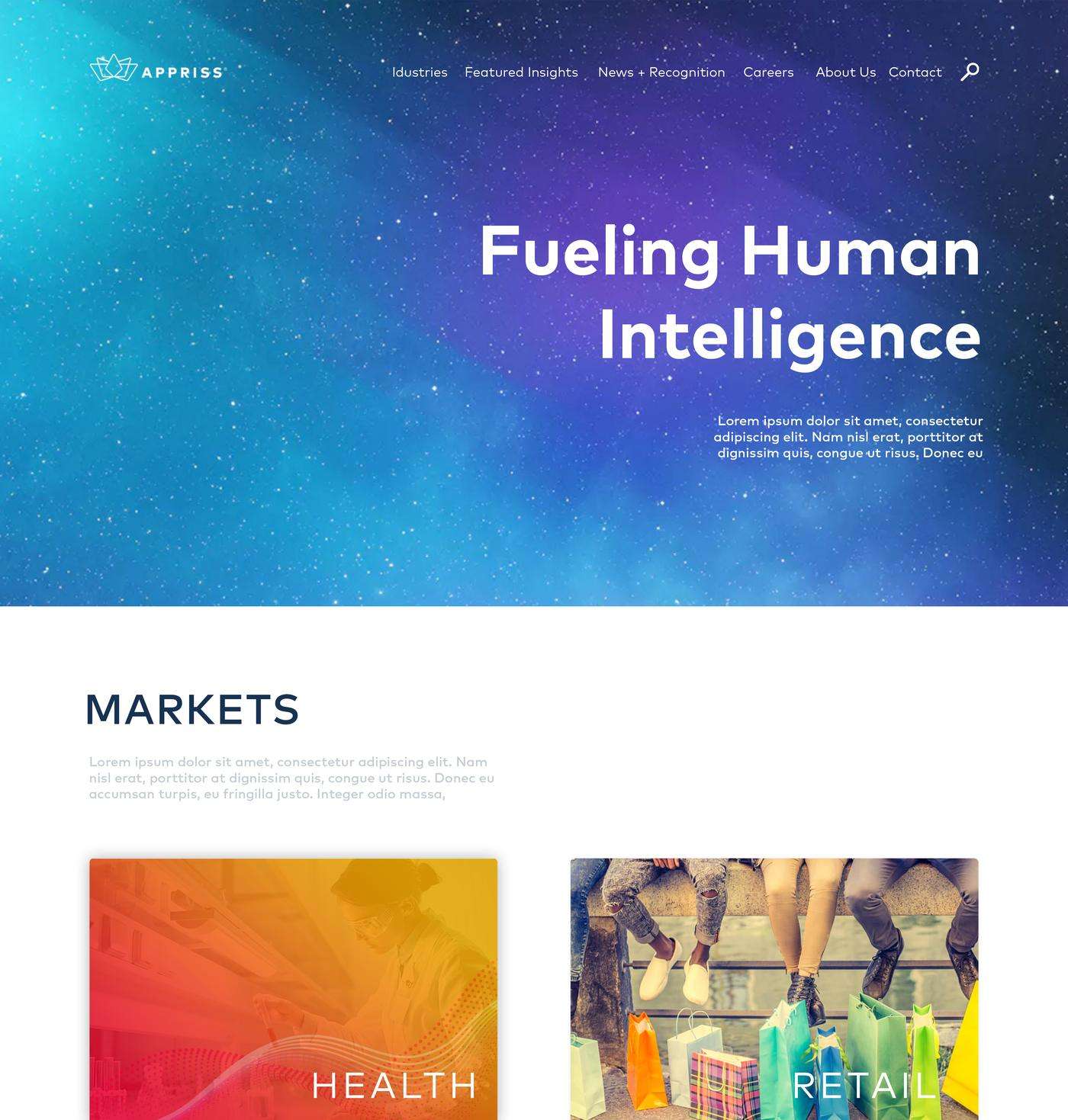 Appriss site refresh, direction A: Fueling Human Intelligence hero over four market tiles, Health, Retail, Safety and Risk