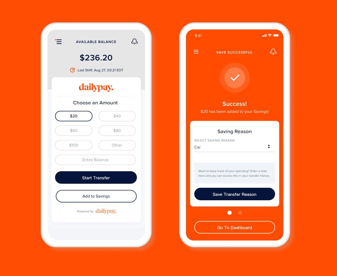 Two screens of the DailyPay app on DailyPay orange: Available balance with Start transfer, and Save successful