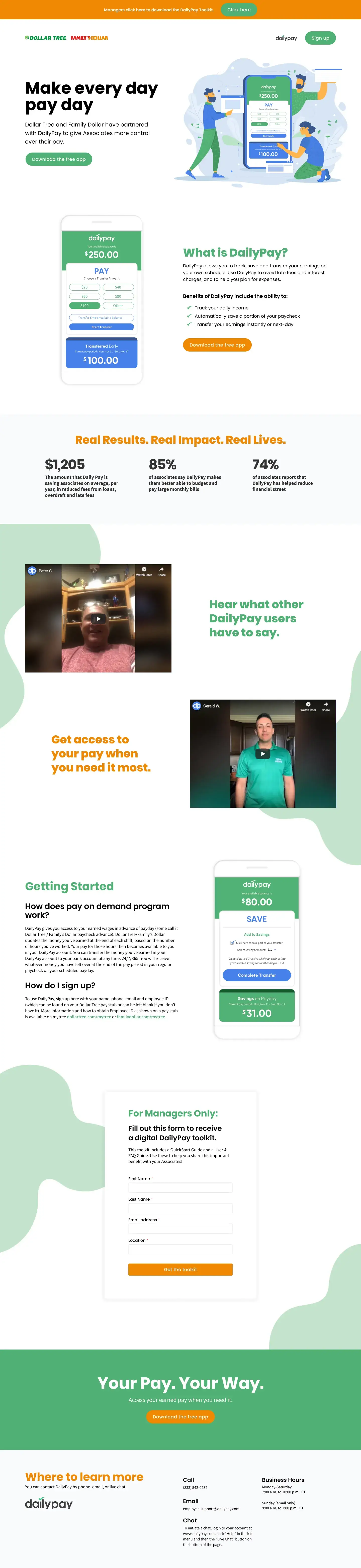 The existing Dollar Tree and Family Dollar DailyPay landing page, full length, under an orange banner