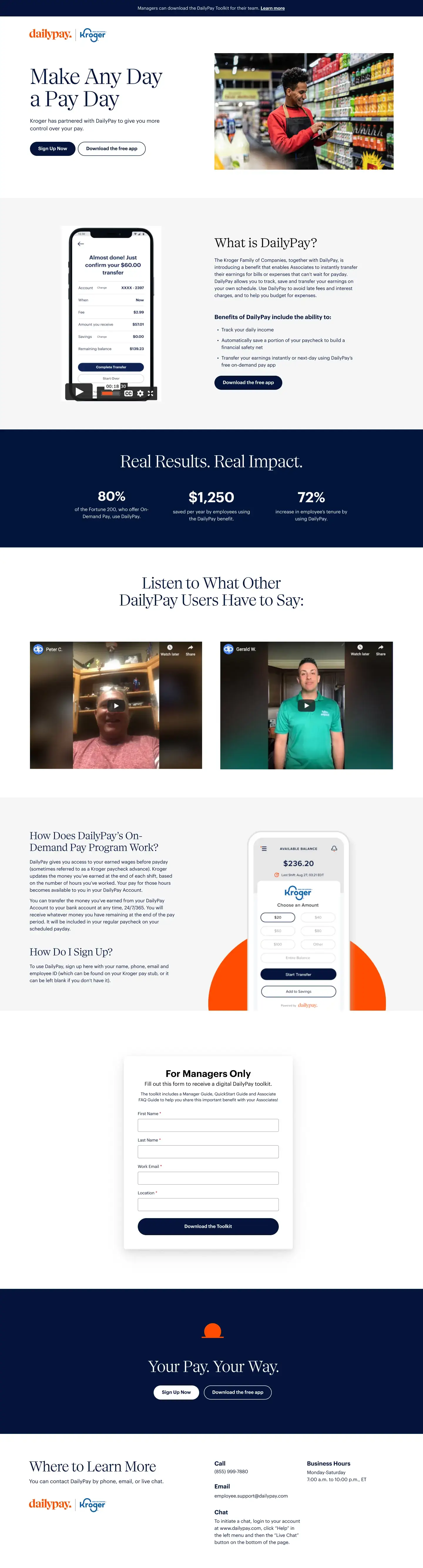 Kroger's existing DailyPay landing page, full length: Make Any Day a Pay Day beside a grocery worker