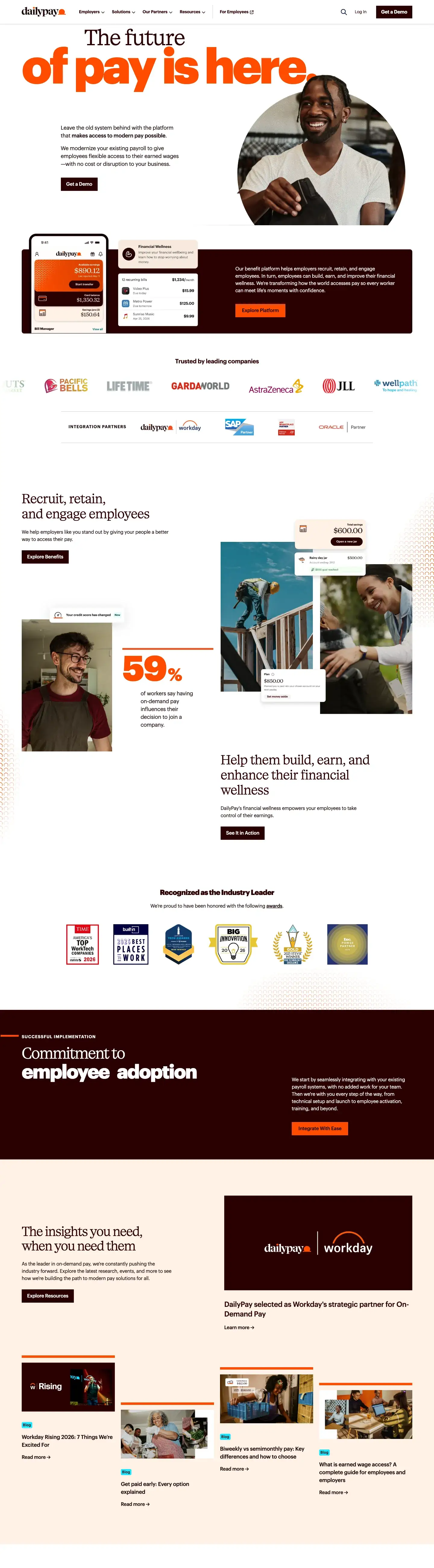 dailypay.com home page, top of the page: The future of pay is here, a phone showing the earned-wage balance, the benefit platform and the logos of the companies that use it