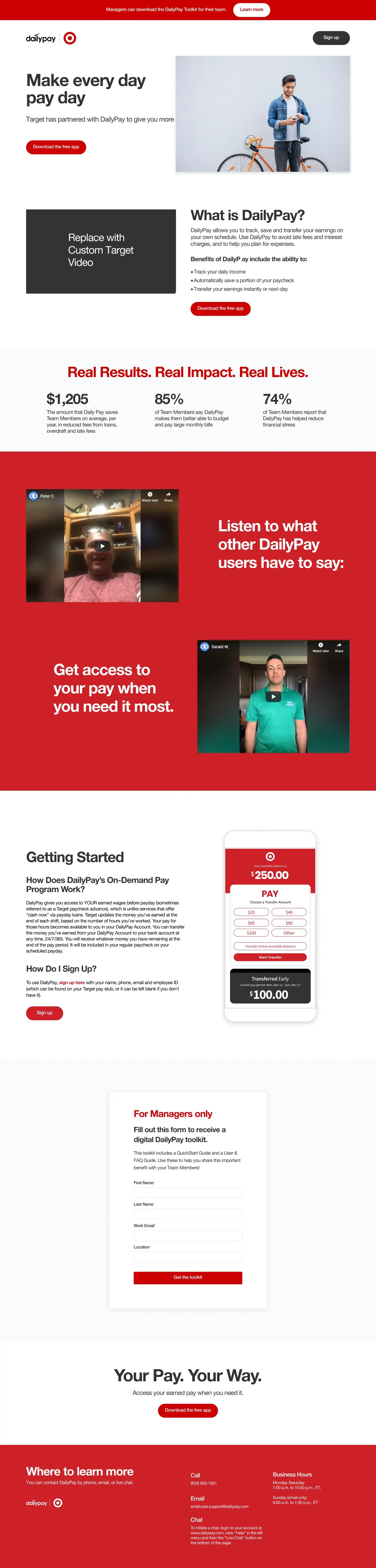 Target's existing DailyPay landing page, full length, with a red banner and a placeholder for a custom Target video