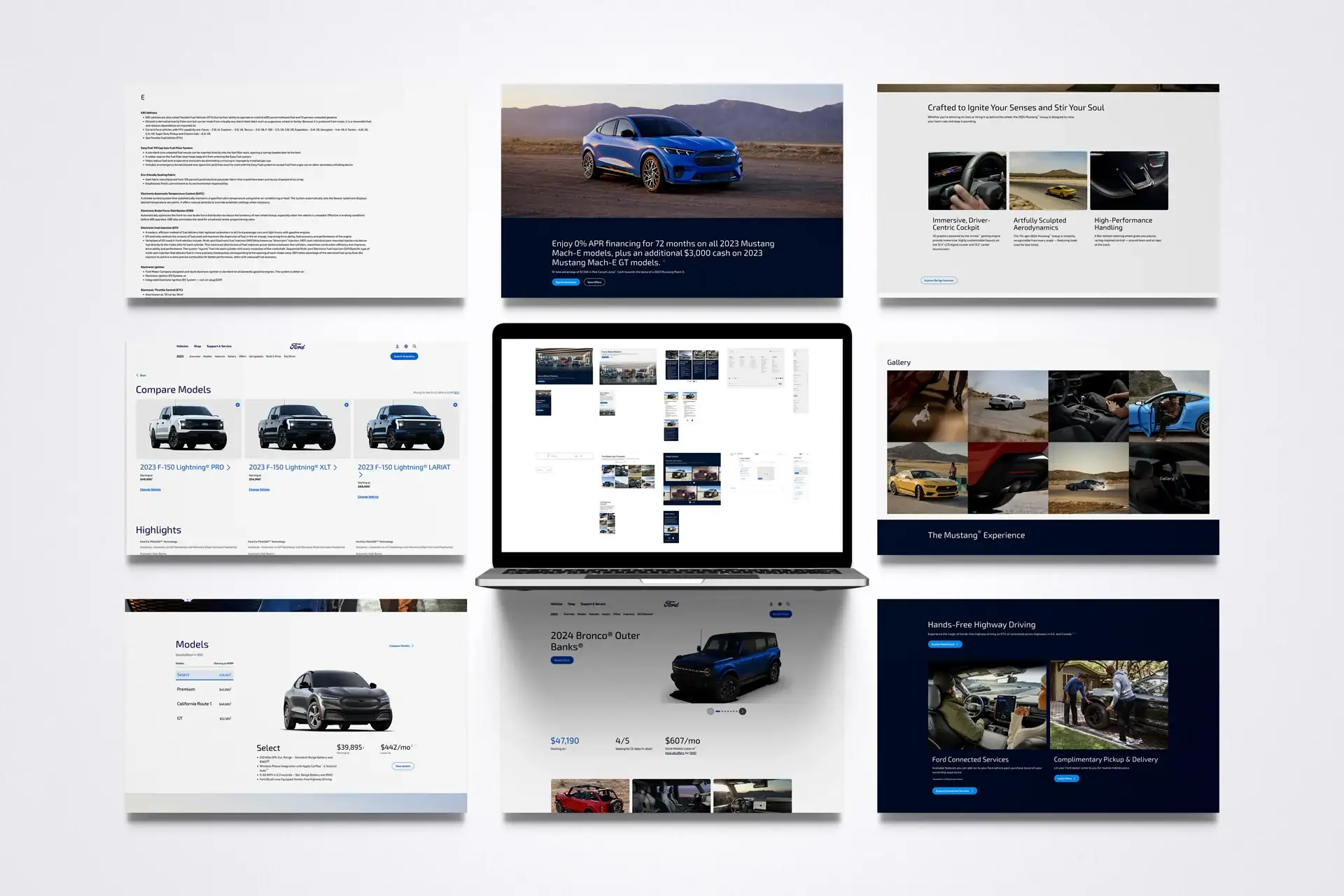 Ford.com overview: a board of ford.com screens and devices, vehicle pages, offers, galleries and tools