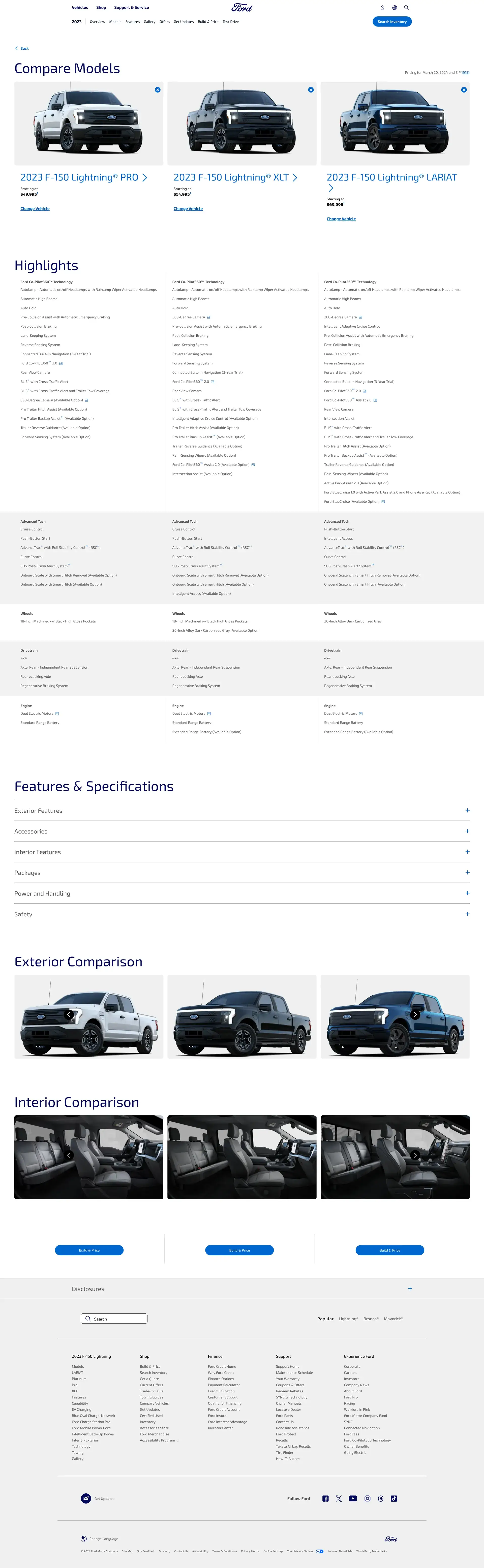 Compare Models page for the 2023 F-150 Lightning, full scroll