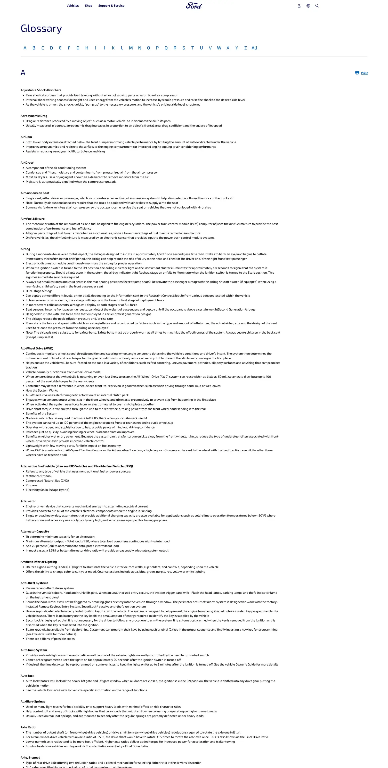 Glossary page, the A to Z index, top of the page