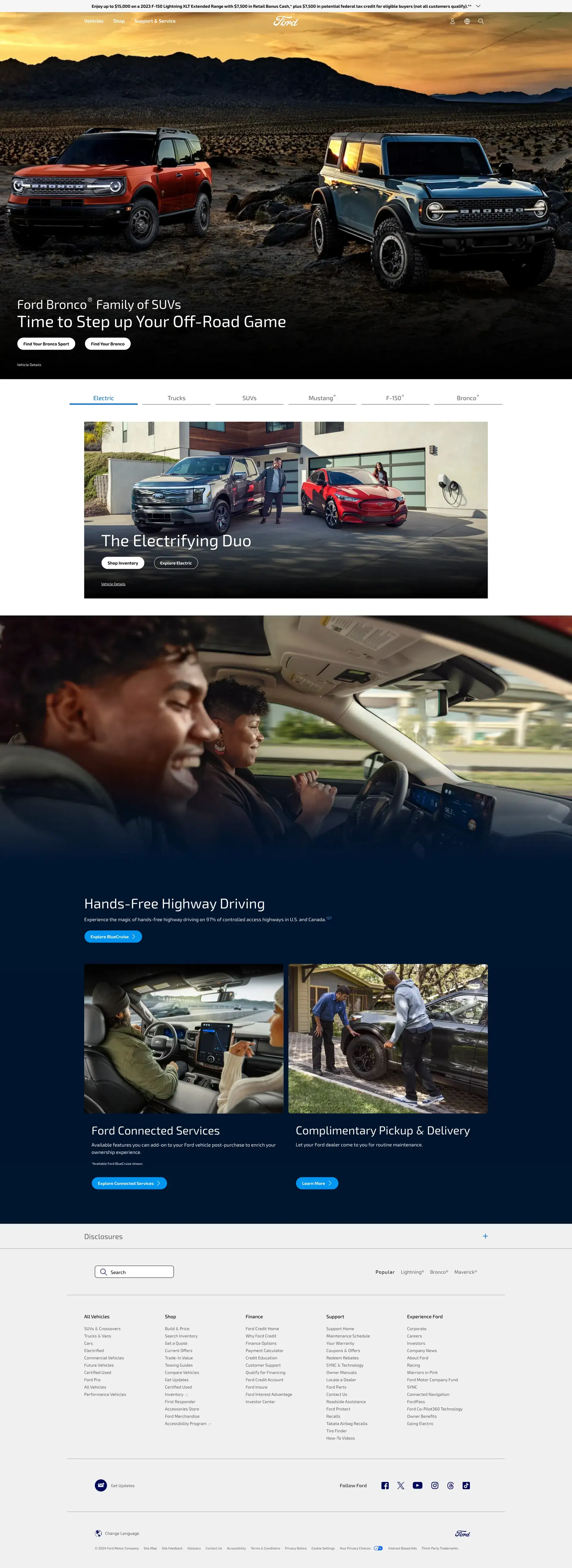 Ford New Vehicles page, full length: Bronco family hero, the Electrifying Duo vehicle tabs, Hands-Free Highway