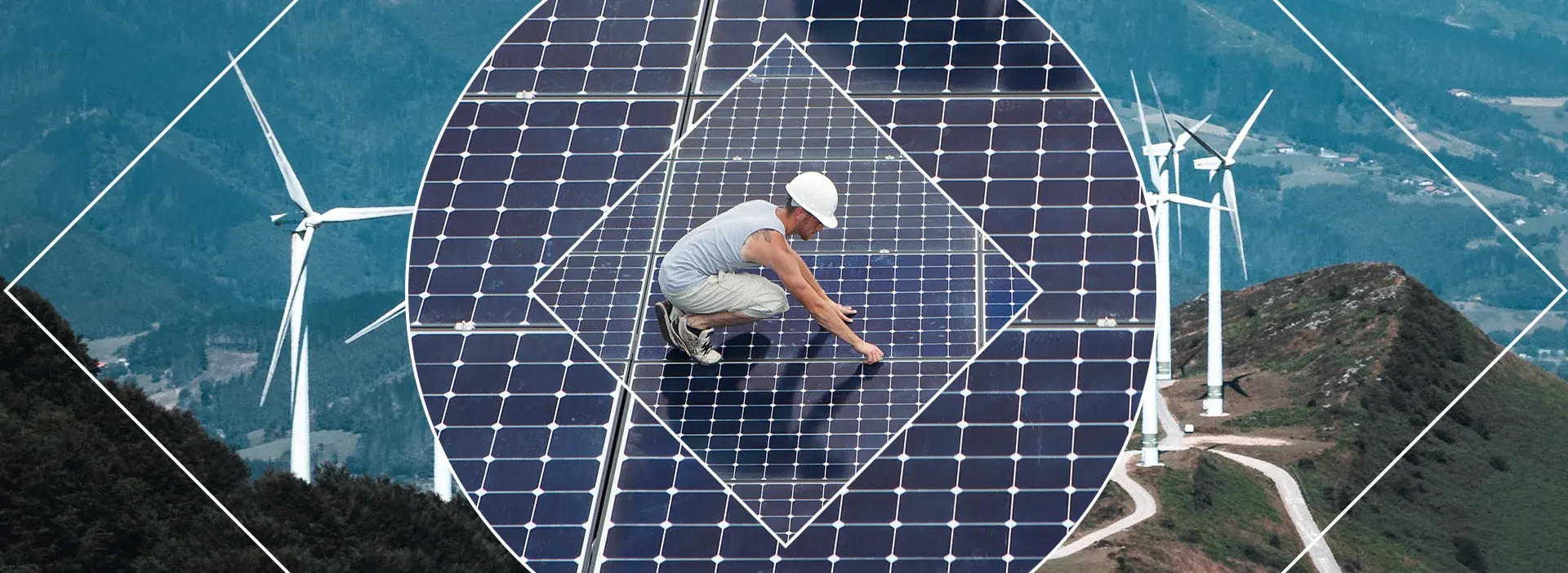 Prologis on-page graphic, By the Numbers: a worker on a solar roof inside a diamond mask, wind turbines on the hills behind