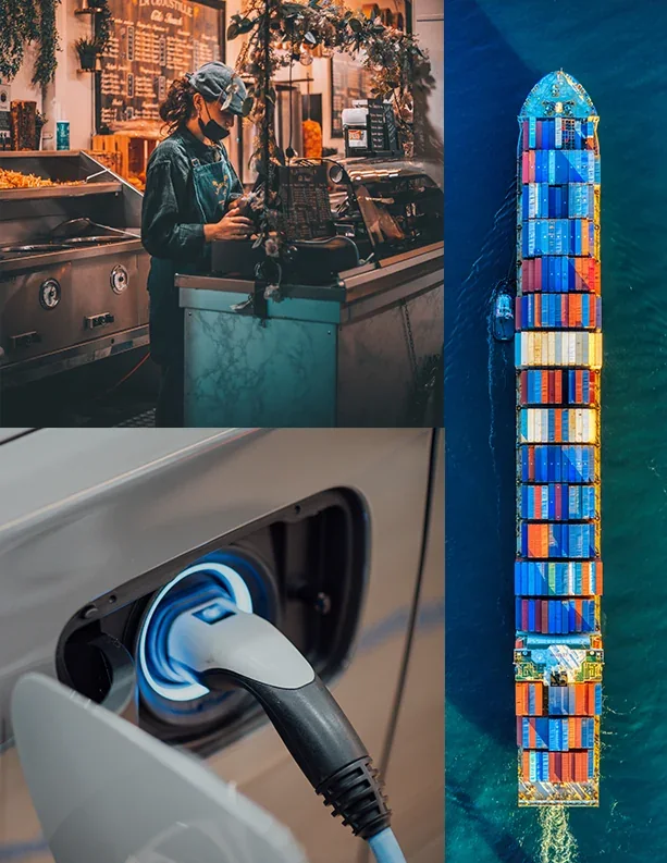 Prologis on-page graphic, Global Supply: a café worker at the till, an electric car charging, a container ship seen from above