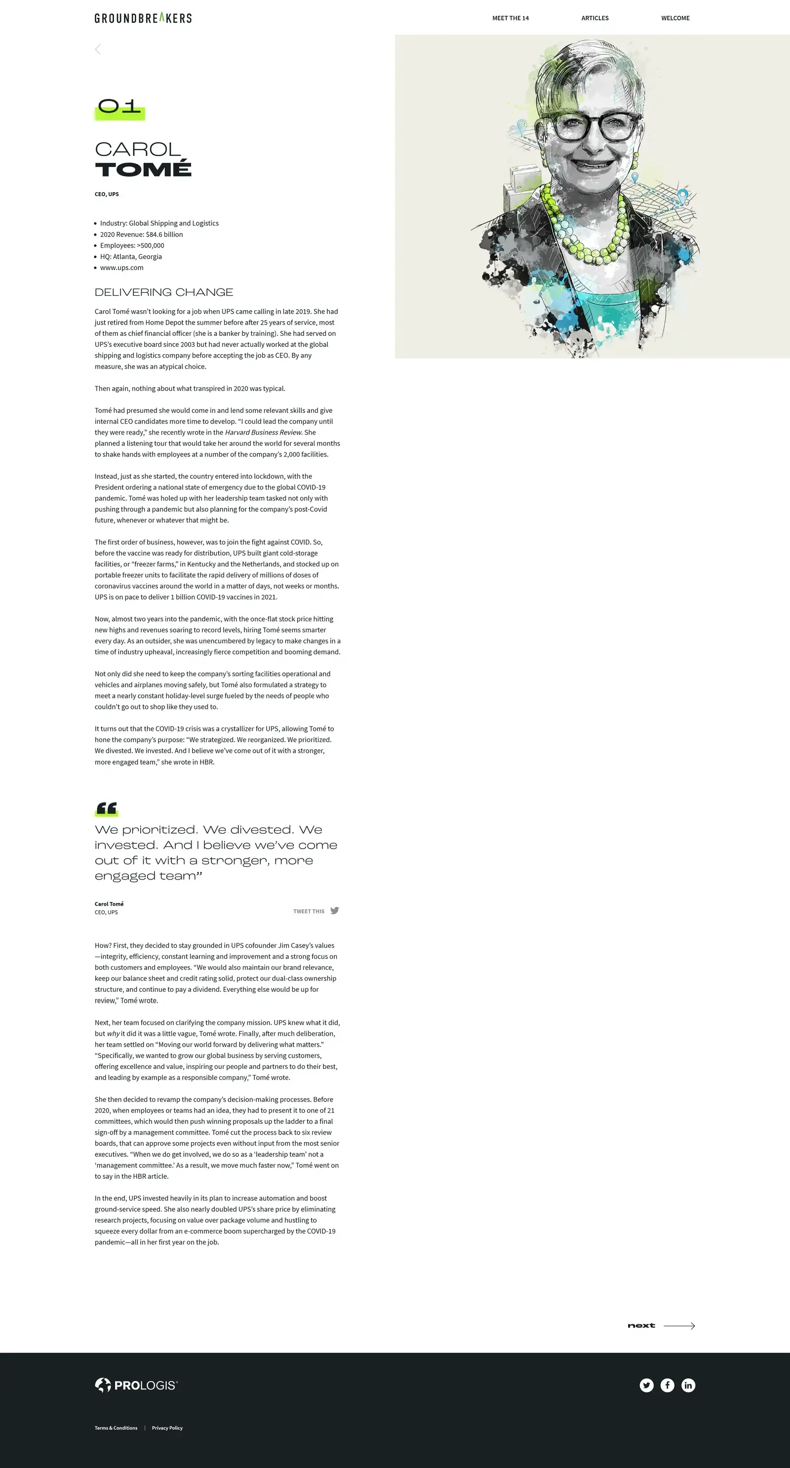 A Groundbreakers profile page for Carol Tomé of UPS, full length: the illustrated portrait, the interview and the facts