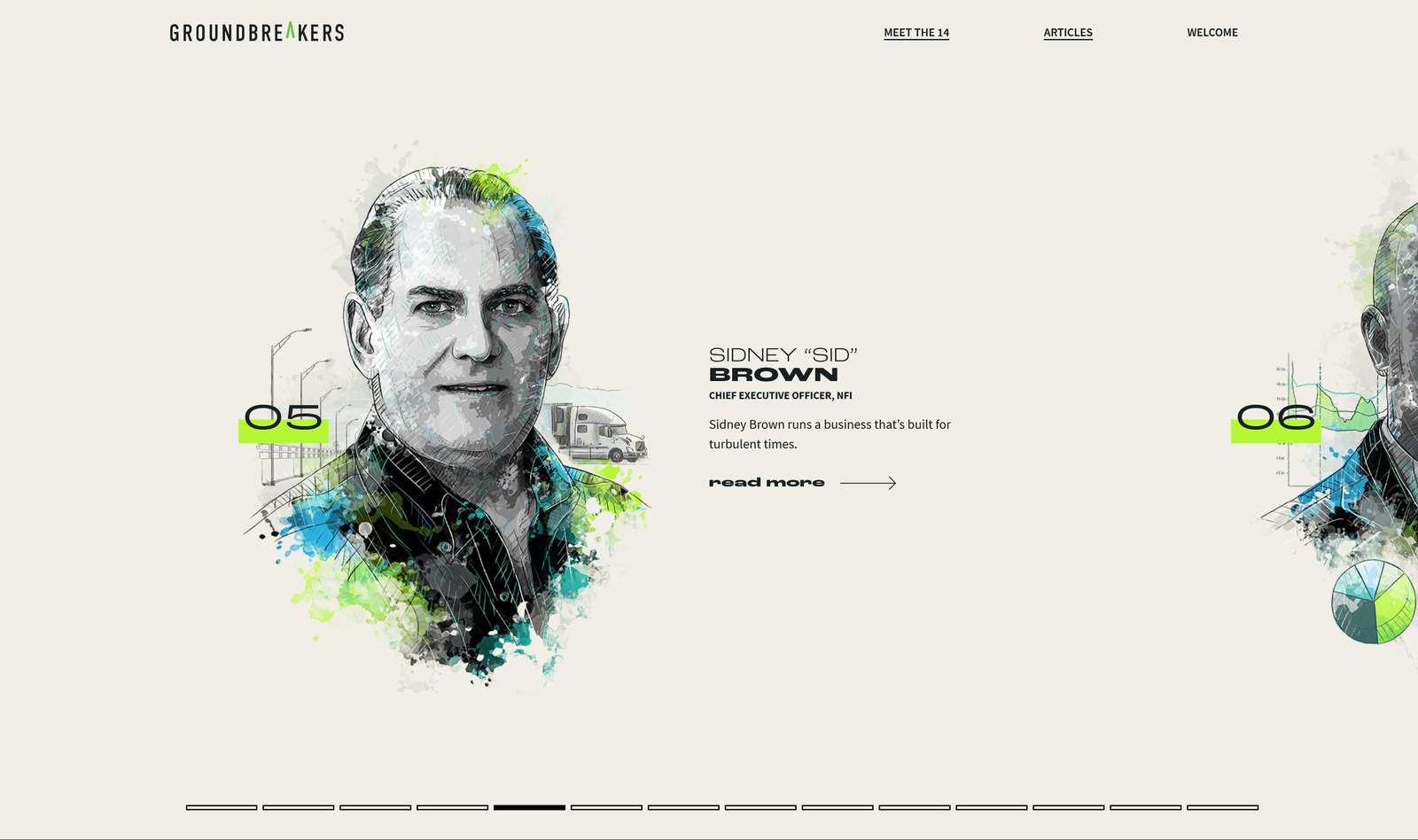 Groundbreakers profile spread with an illustrated portrait and the number 05