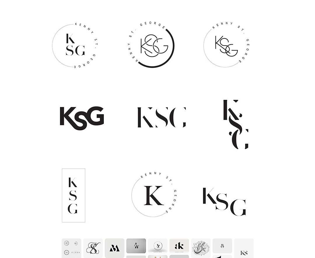 KSG concept routes: monograms, ligatures and badges in black on white