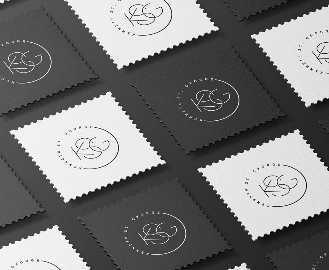 Rows of stamp-edged cards carrying the KSG mark, black and white