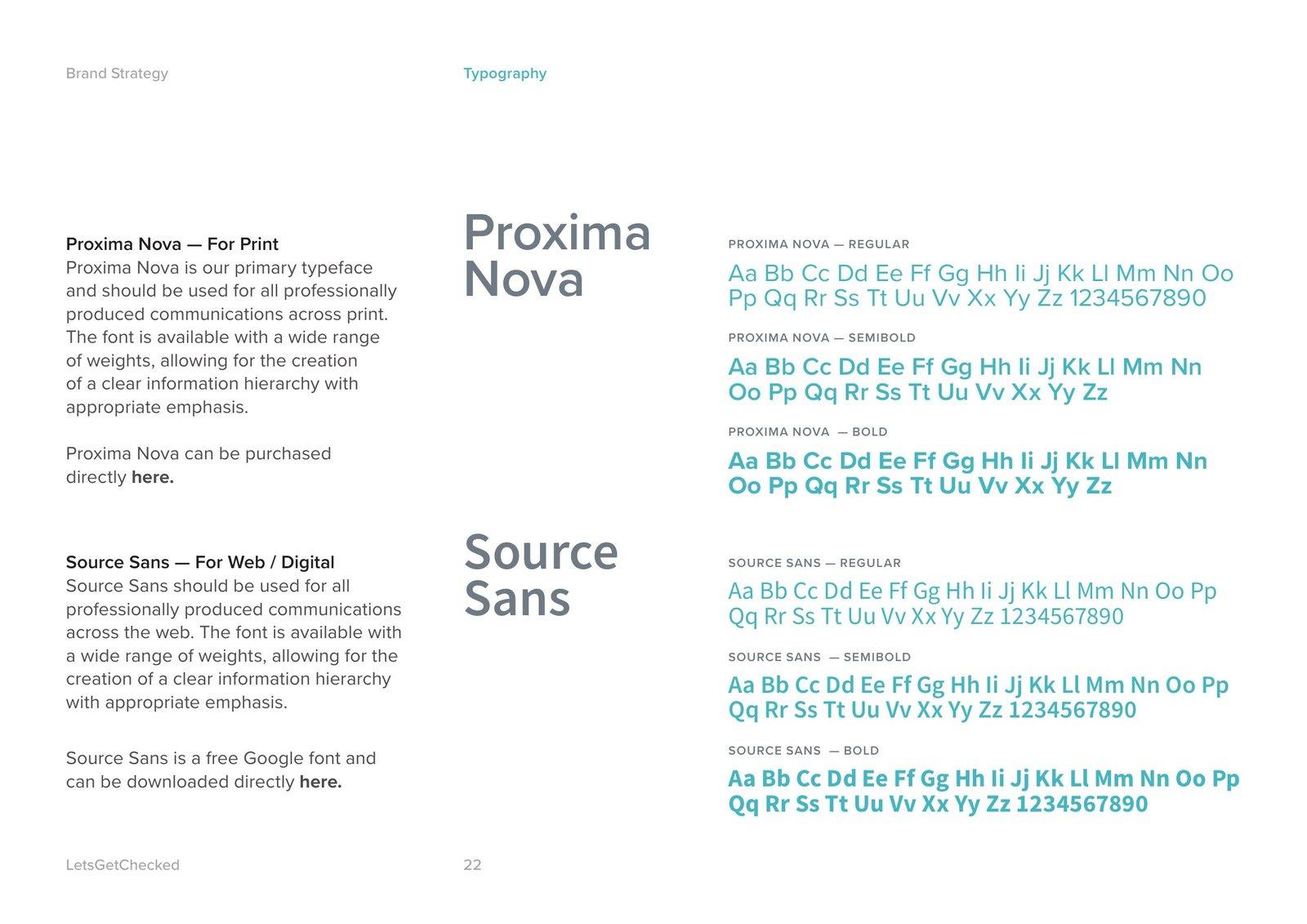 Brand Guidelines page Typography: Proxima Nova and Source Sans