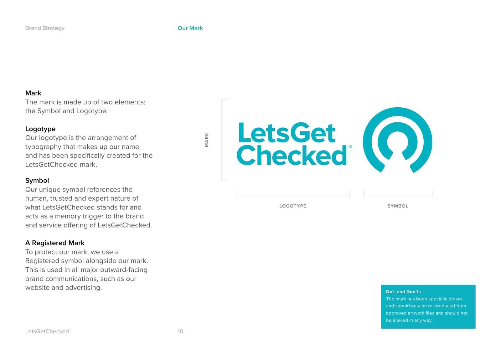 Brand Guidelines page Our Mark: the LetsGetChecked wordmark and symbol