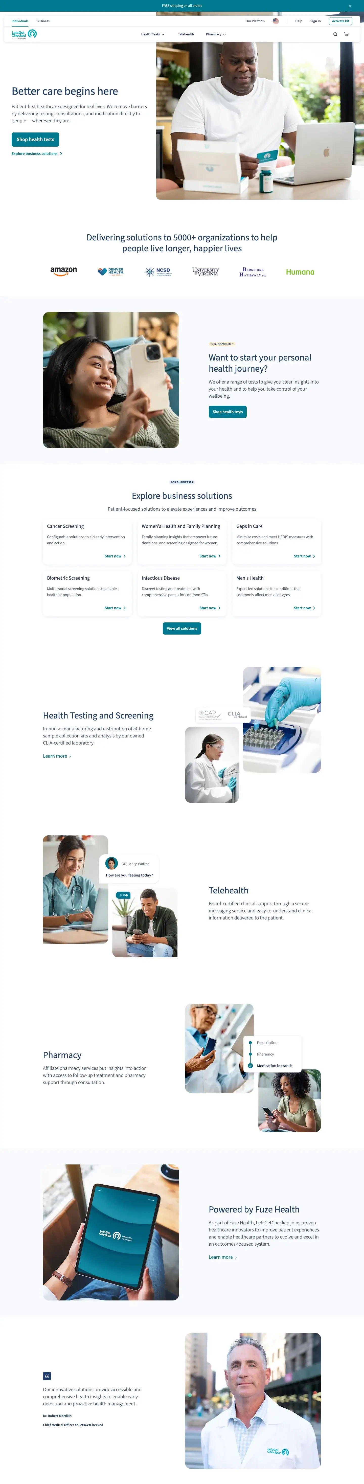 letsgetchecked.com home page, top of the page: Better care begins here, the business solutions and the telehealth and pharmacy services