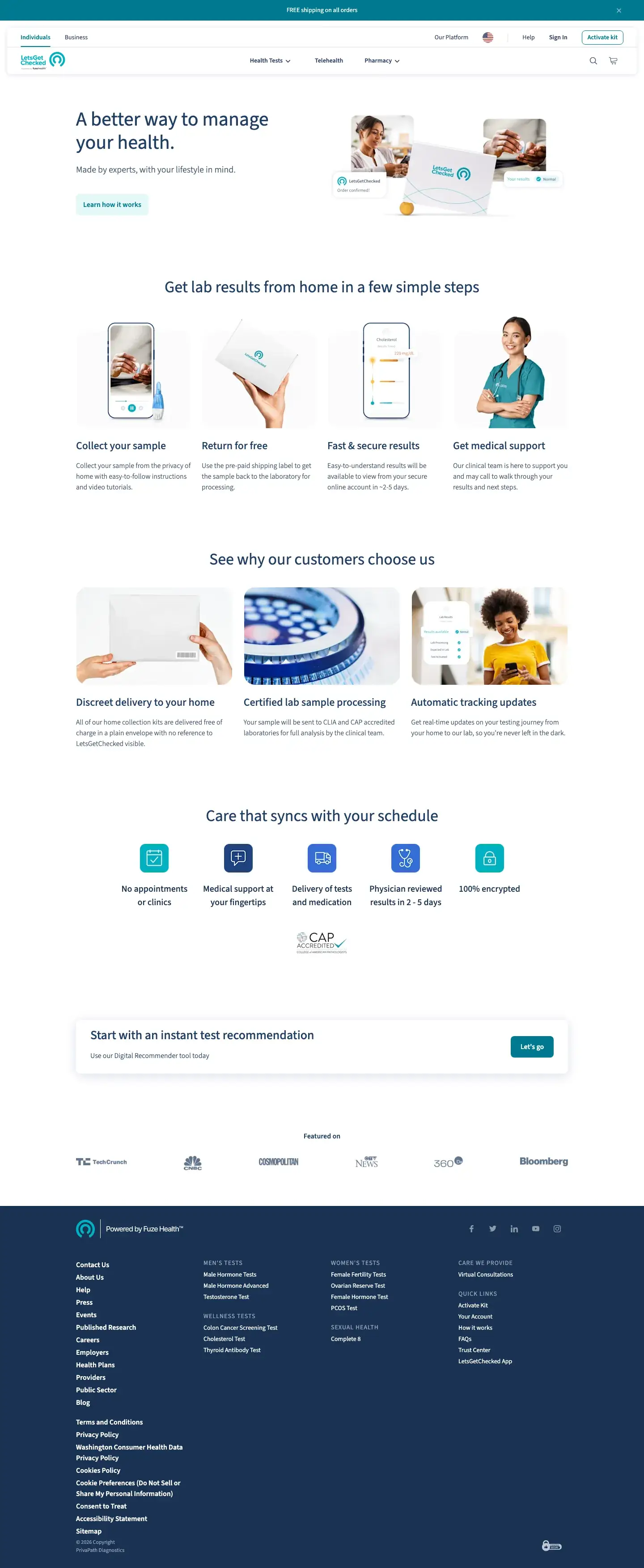 letsgetchecked.com How it works page: collect your sample, return it for free, fast and secure results, get medical support