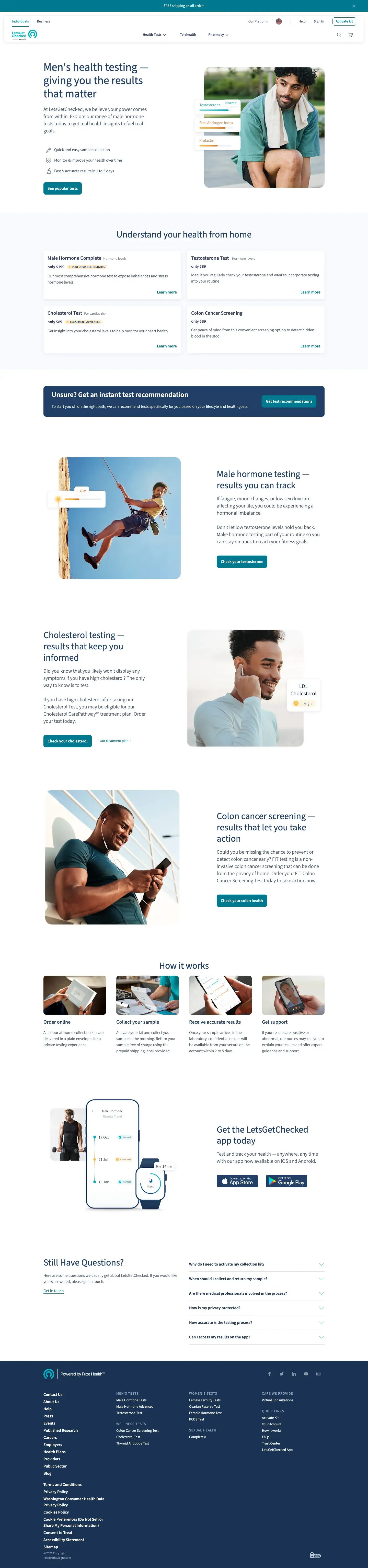 letsgetchecked.com Men's health page: hormone, cholesterol and colon cancer tests